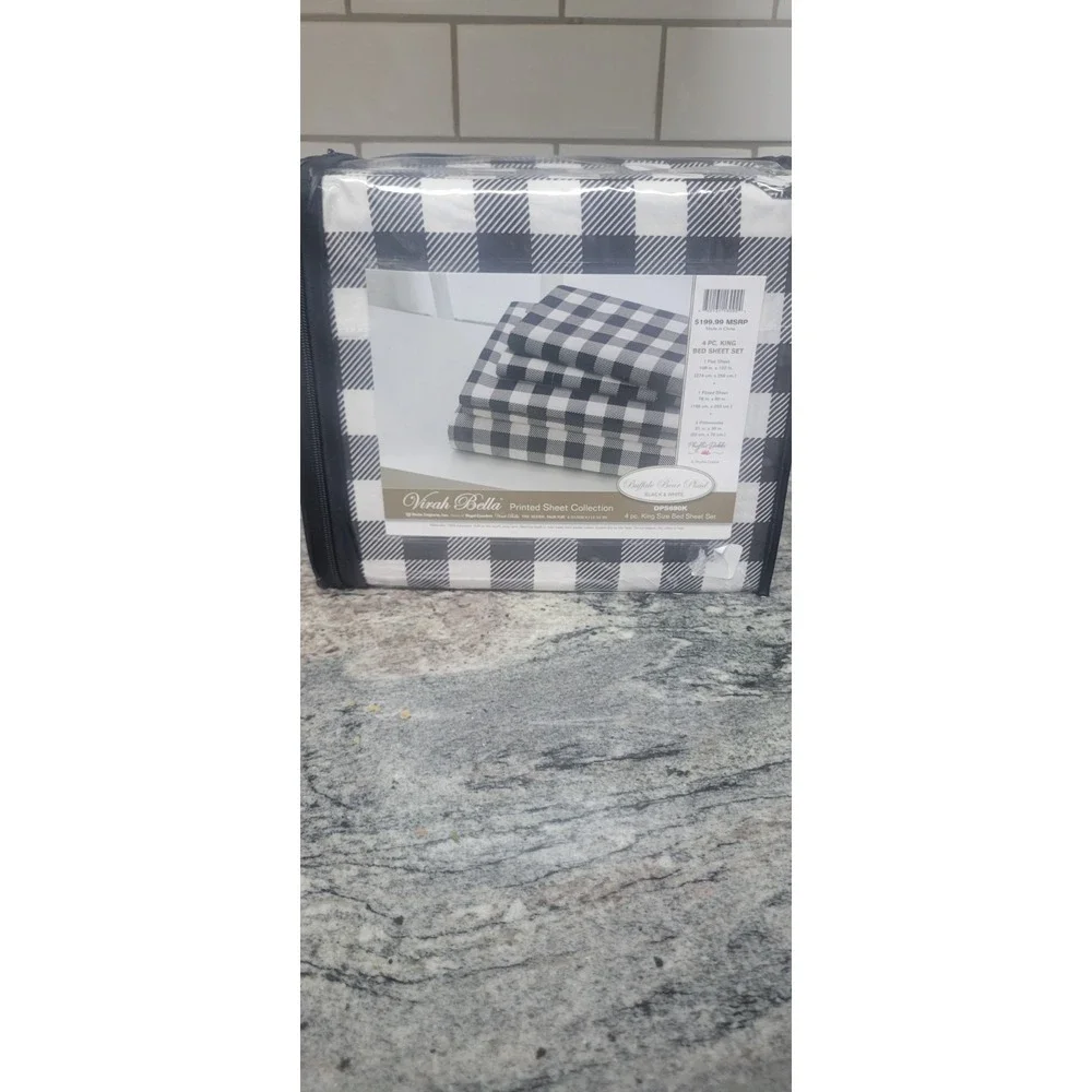 Virah Bella - Buffalo Bear Plaid - Black & White 4-Piece Sheet Set